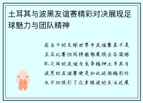 土耳其与波黑友谊赛精彩对决展现足球魅力与团队精神